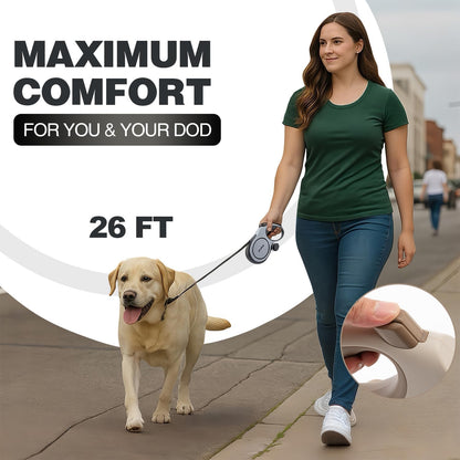Upgraded Retractable Dog Leash, 26 Ft Dog Leash for Small Medium Large Dogs up to 110Lbs, Heavy Duty Reflective Nylon Tape 360° Tangle-Free, with Anti-Slip Handle, One-Handed Brake, Pause, Lock