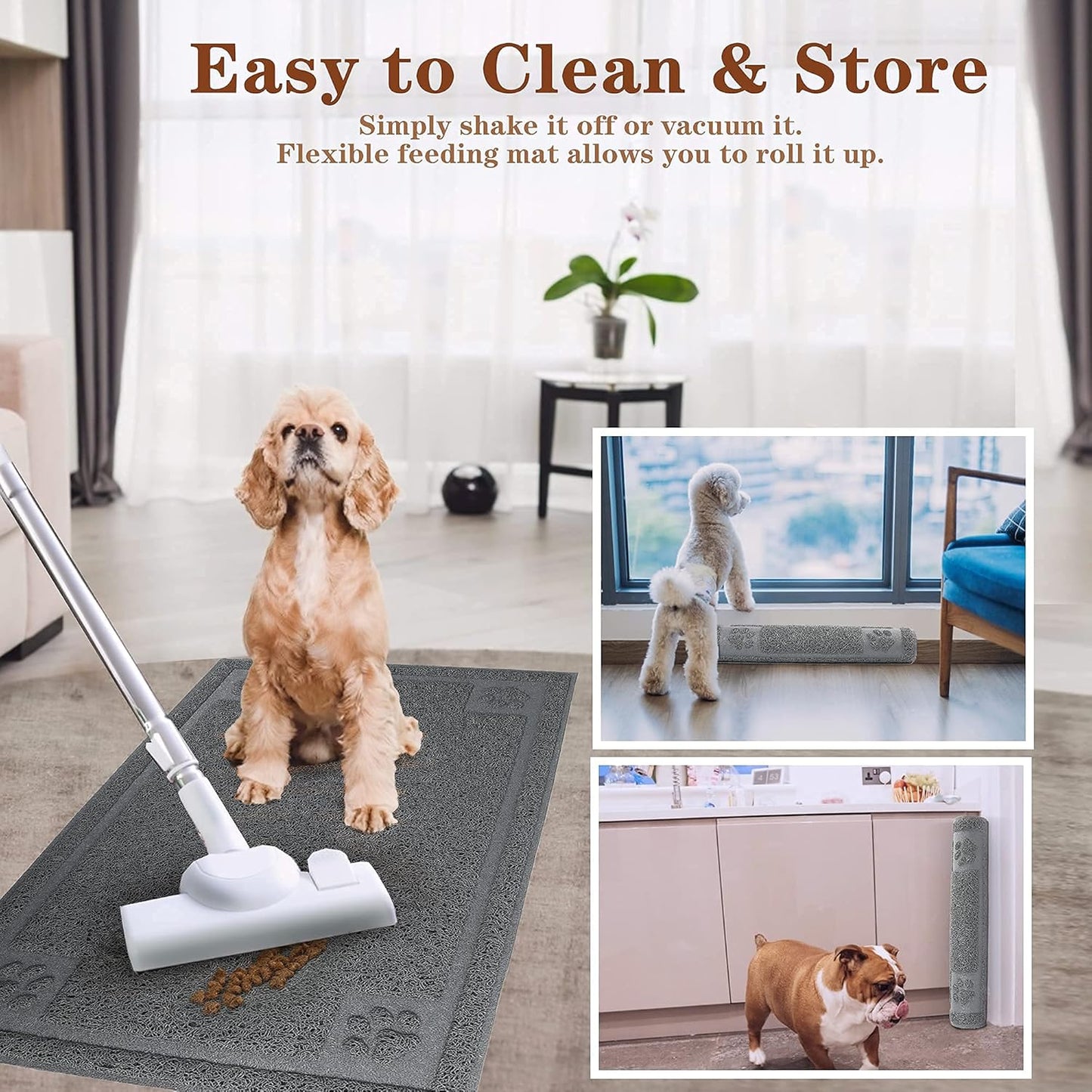 Dog Food Mat Waterproof, 35”X 24”, Pet Mat for Food and Water Bowl, Cat Bowl Mat for Floor, Grey