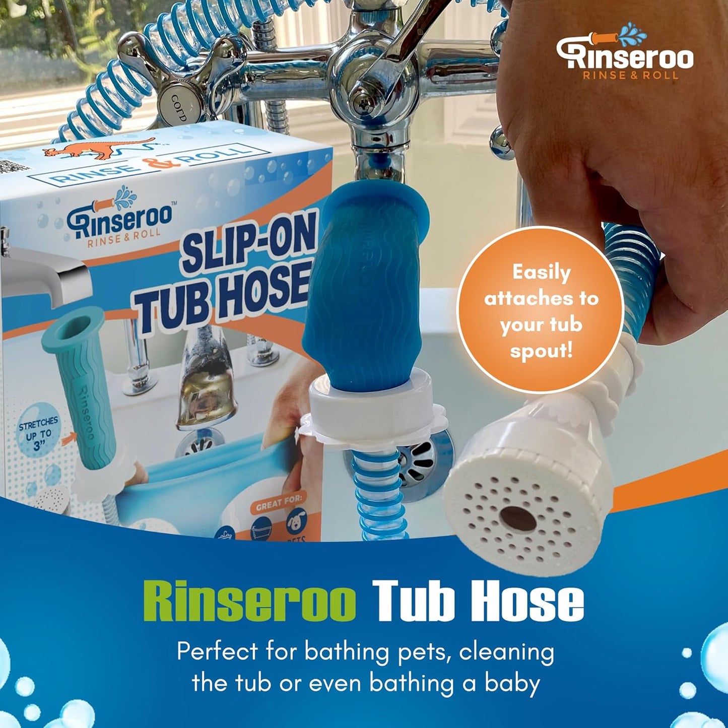 : Slip-On Tub Hose – as Seen on Shark Tank – 5Ft Flex Bathtub Faucet Sprayer – Easy Rinse for Pets, Hair & Cleaning – No Installation Needed – Fits Faucets up to 3” Wide – Mess-Free & Portable