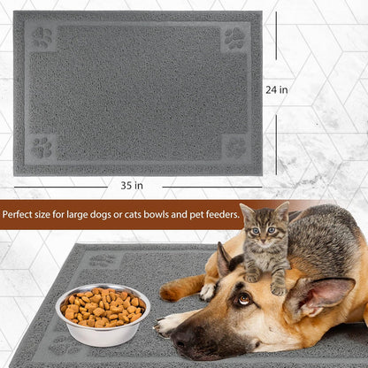 Dog Food Mat Waterproof, 35”X 24”, Pet Mat for Food and Water Bowl, Cat Bowl Mat for Floor, Grey