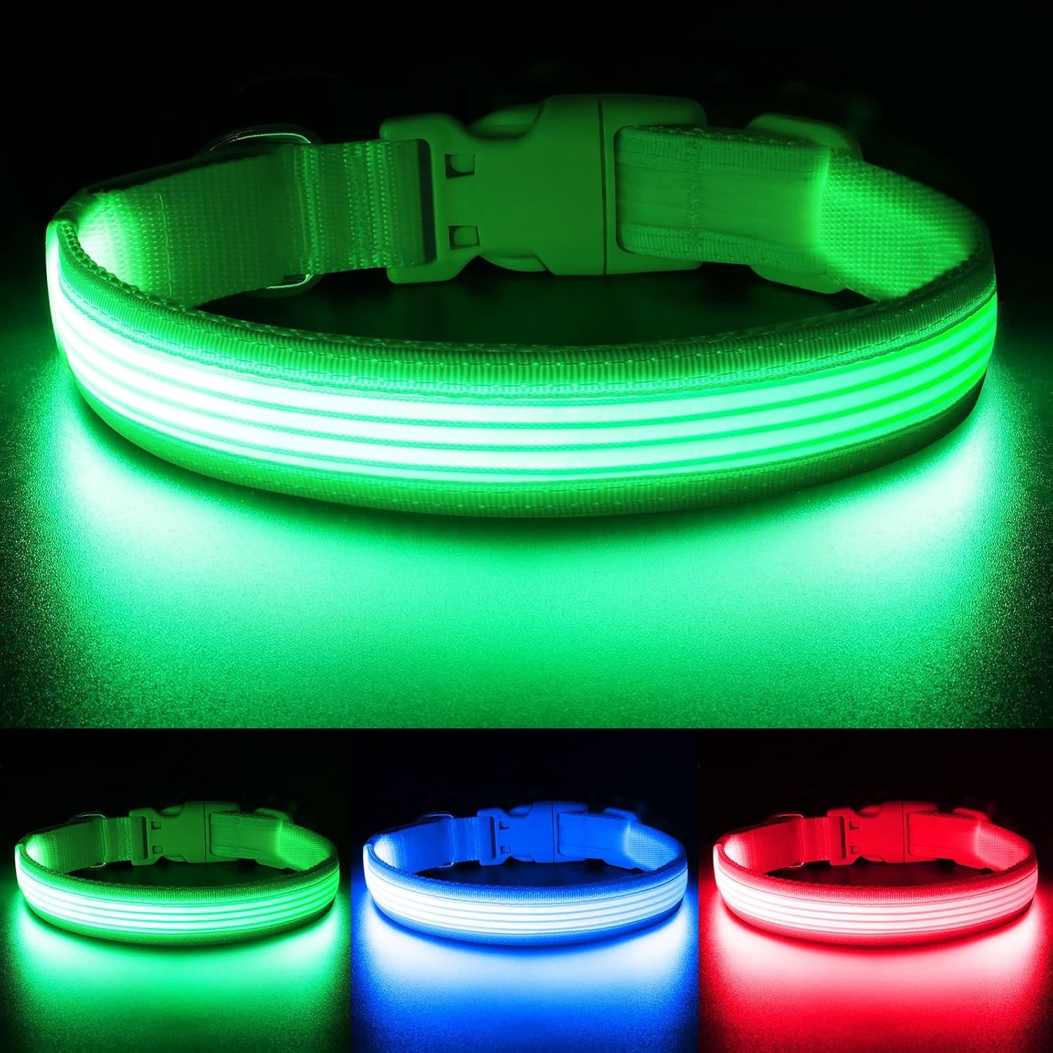 Light up Dog Collar, USB Rechargeable LED Puppy Collar Super Bright Adjustable Glowing Dog Lights for Night Walking (Green, Small)
